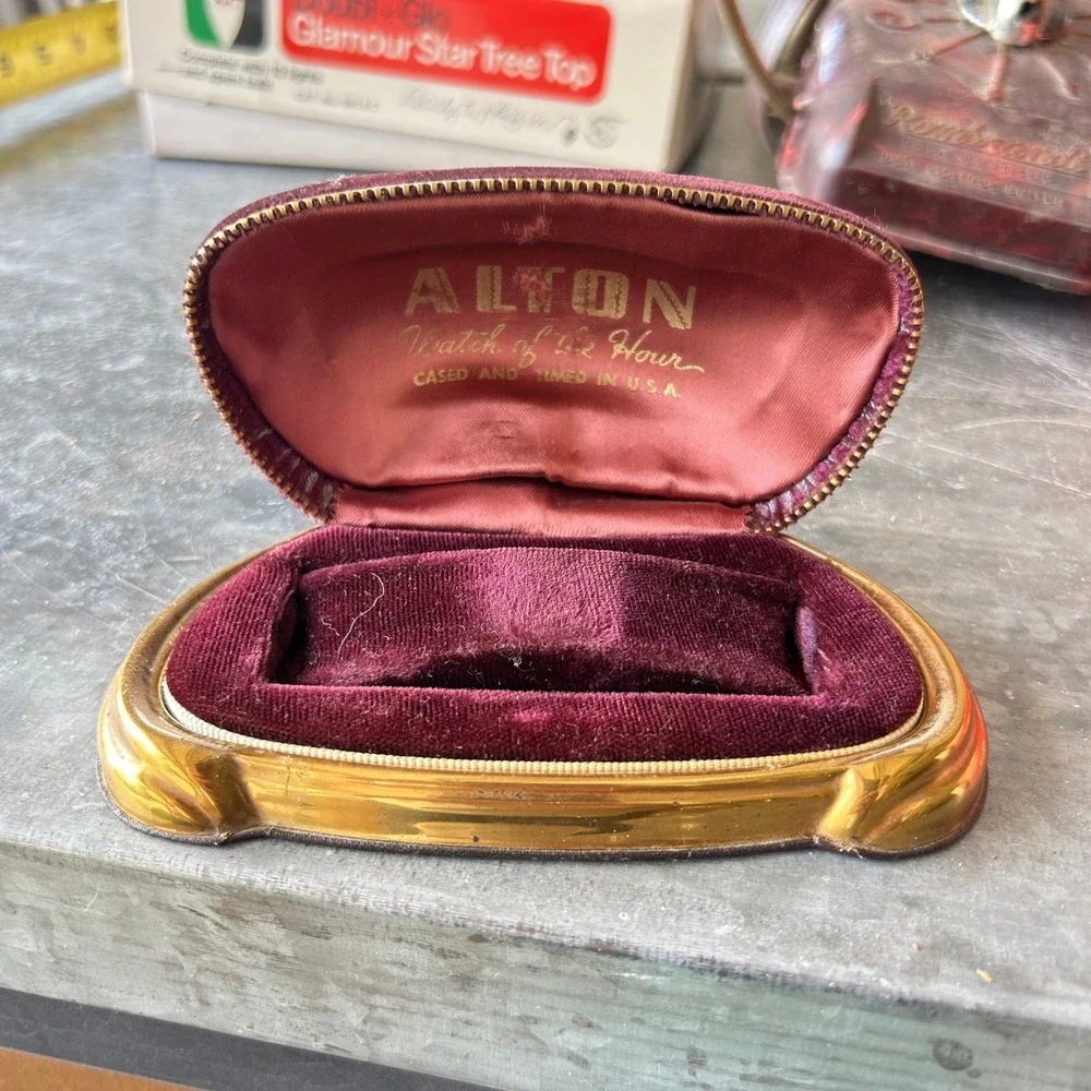 Vtg 1950s Alton Watch Box Case Zipper Velvet Purple Burgundy Noble USA Art Deco